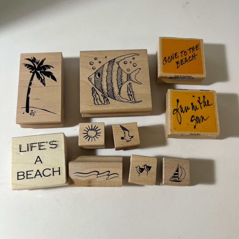 10pc Beach Tropical Wood Mounted Rubber Stamp Lot Palm Tree Fish Nautical Craft